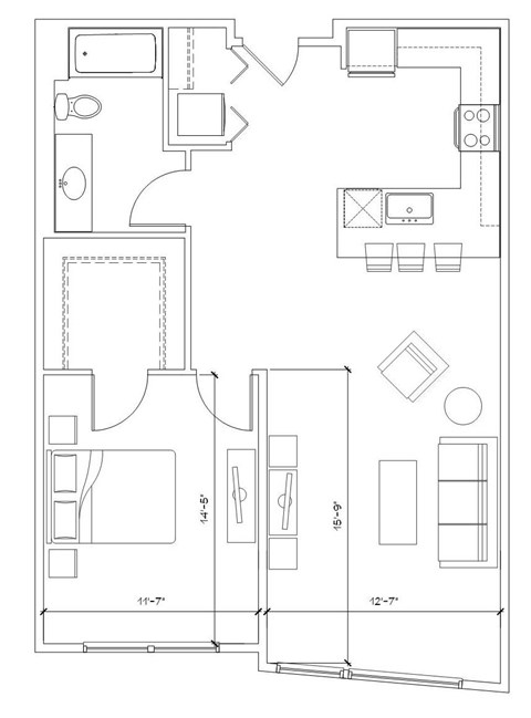Floor plan for 1 bed, 1 bath, 633 sqft